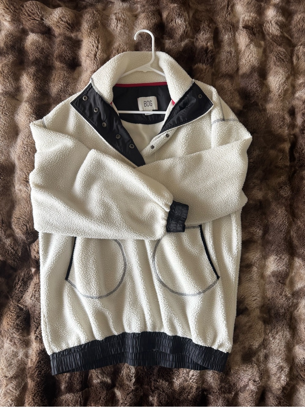 BDG Off-White Sherpa Snap Pullover with Black Trim